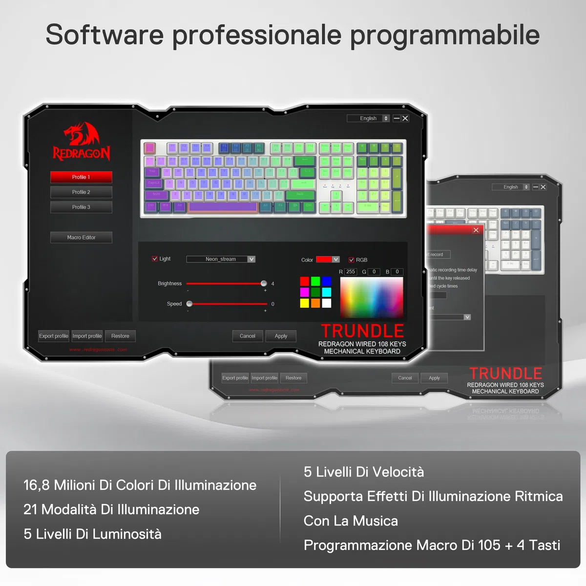 Redragon K668 RGB Tastiera Gaming Meccanica Cablate 109 Tasti Hot-Swappable Interruttori Rossi QWERTY Italiano
