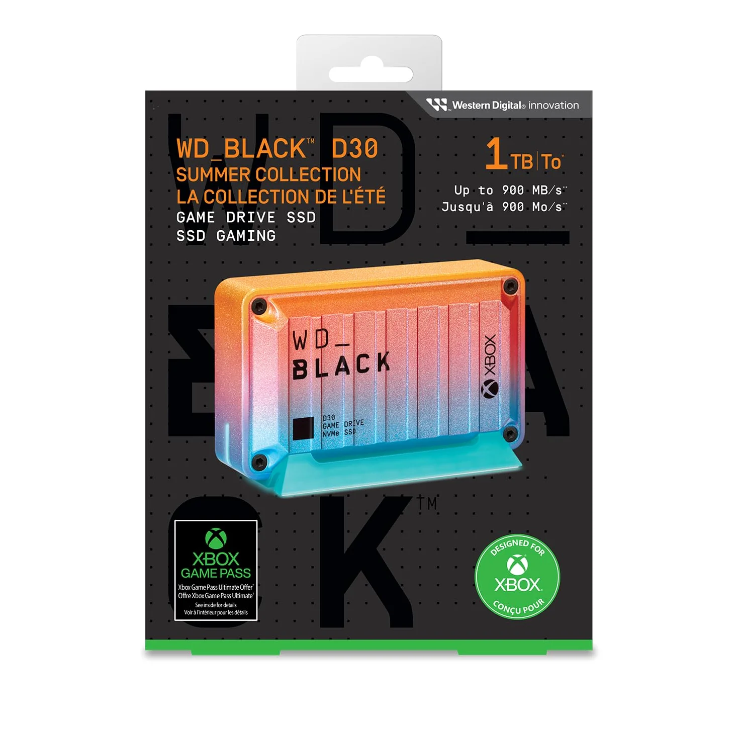 WD_BLACK D30 1TB SSD esterno per Xbox, Summer Edition, Compatibile con Xbox Series X|S, con velocità fino a 900 MB/s, con abbonamento di 1 mese a Xbox Game Pass, Unità a stato solido esterna