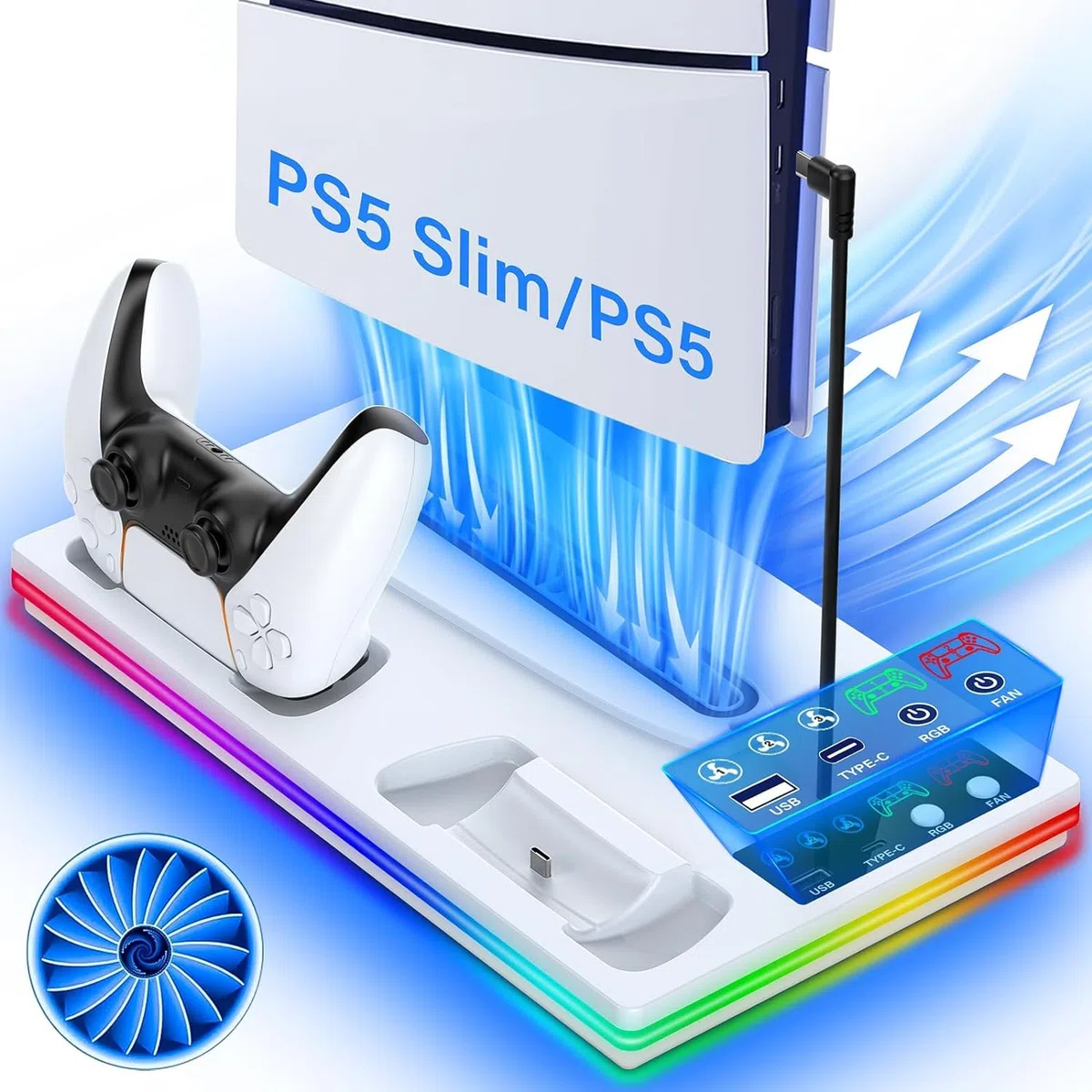 PS5 Supporto Verticale con Ricarica Controller e Ventola di Raffreddamento per PlayStation 5 Pro, Slim, Standard