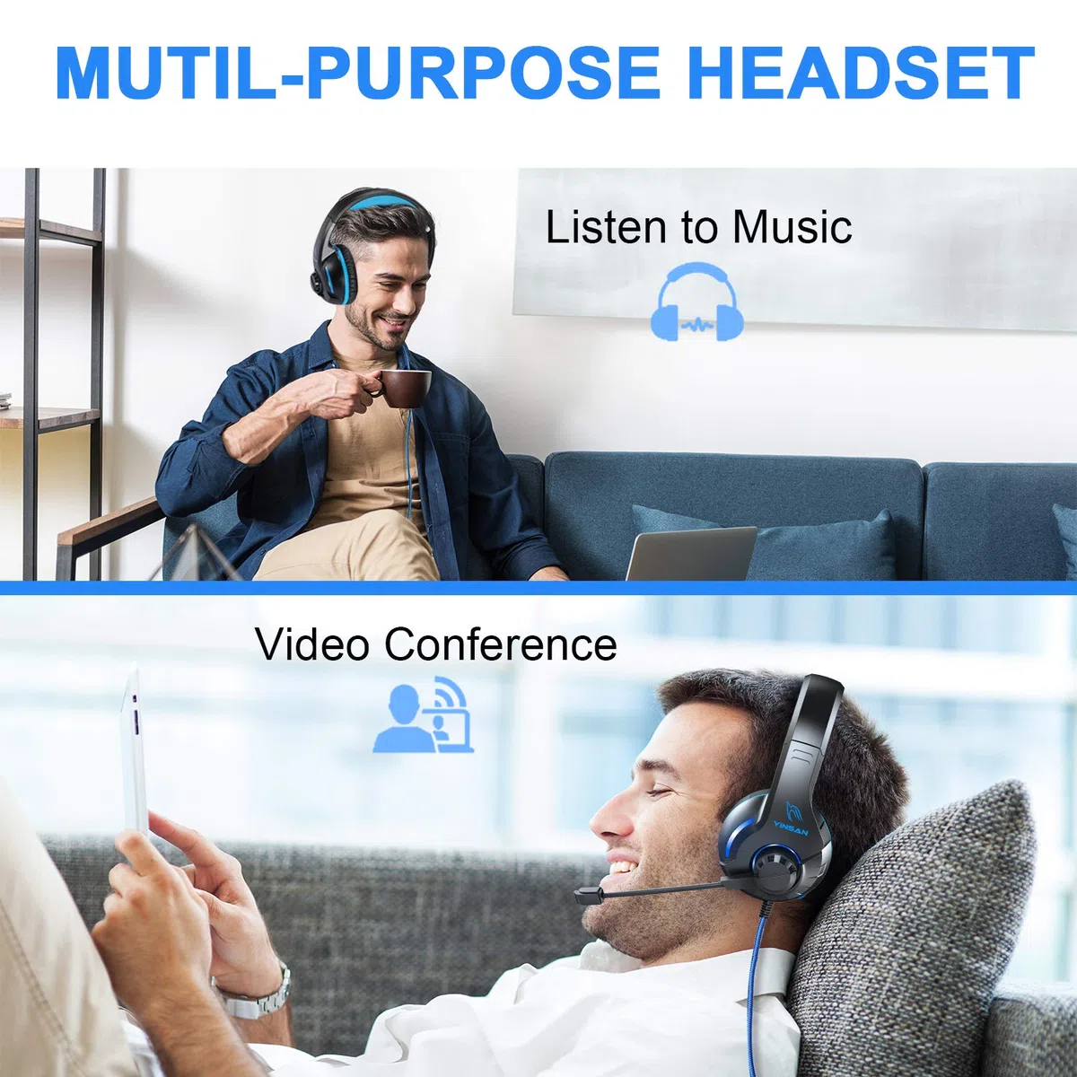 YINSAN Cuffie Gaming con Microfono per PS5 PS4 PC Xbox One Nintendo Switch Xbox, Cuffie da Gioco Cablate Over Ear con Cancellazione del Rumore, Stereo Bass Deep, LED Luce, Leggero, Blu