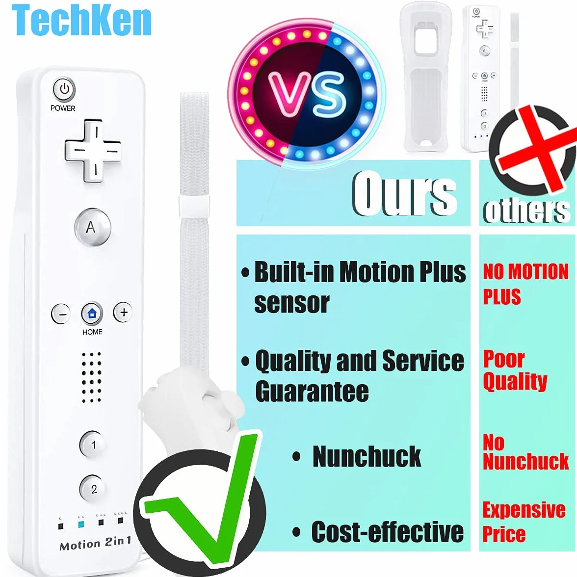 Telecomando Wii Remote Controller e Nunchuk, TechKen Wii Remote Plus Controller Motion Plus con telecomando Nunchuck Wii Joystick Wii Remote Game Control con custodia in silicone per console Wii/Wii u | Controller con Motion Plus e Nunchuck, controller Wi