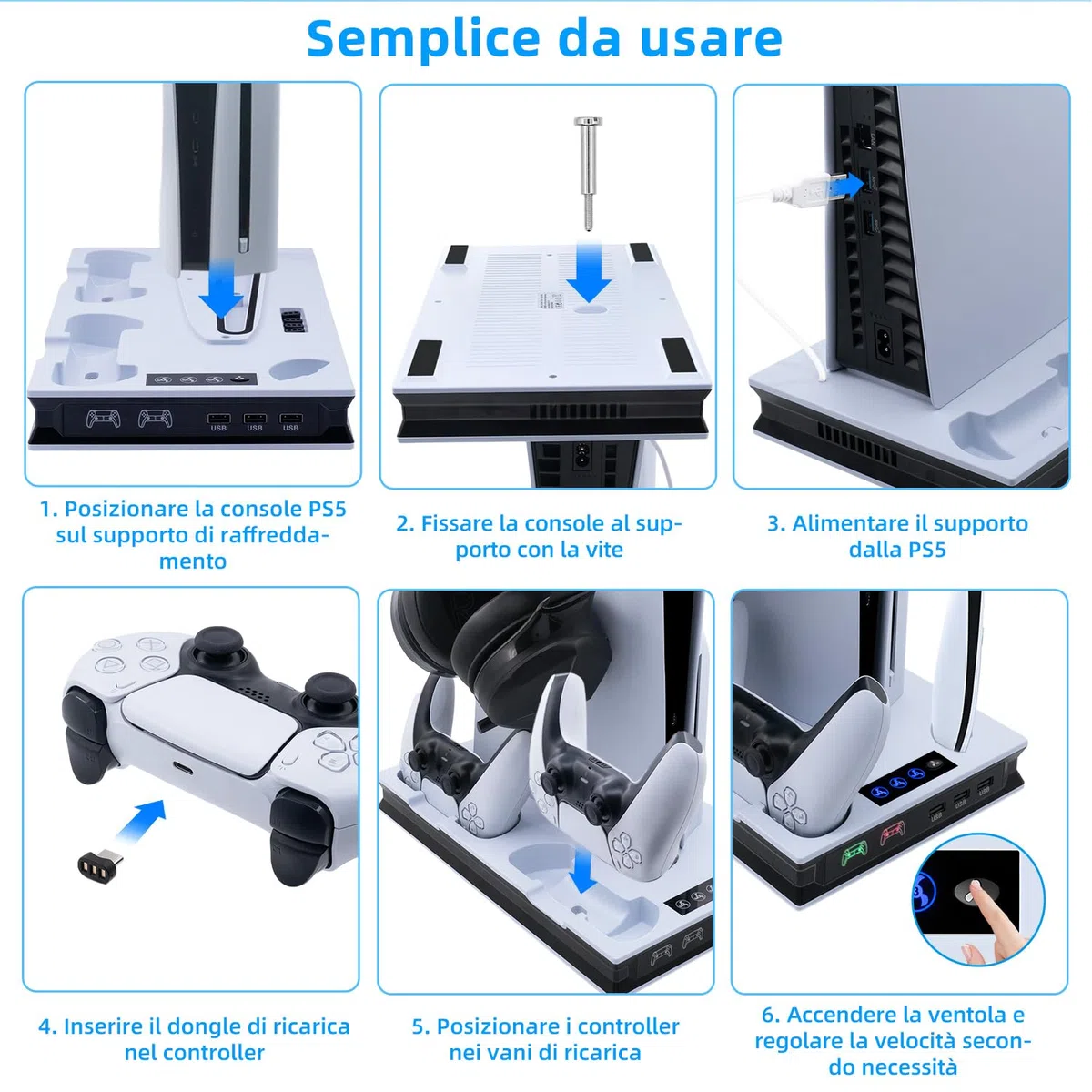 Mcbazel PS5/PS5 PRO/PS5 Slim Verticale Supporto di Raffreddamento, Stazione Ventola di Raffreddamento Regolabile con Supporto Cuffie,Stazione di Caricatore Doppio Controller Joystick per PS5 Slim/PS5
