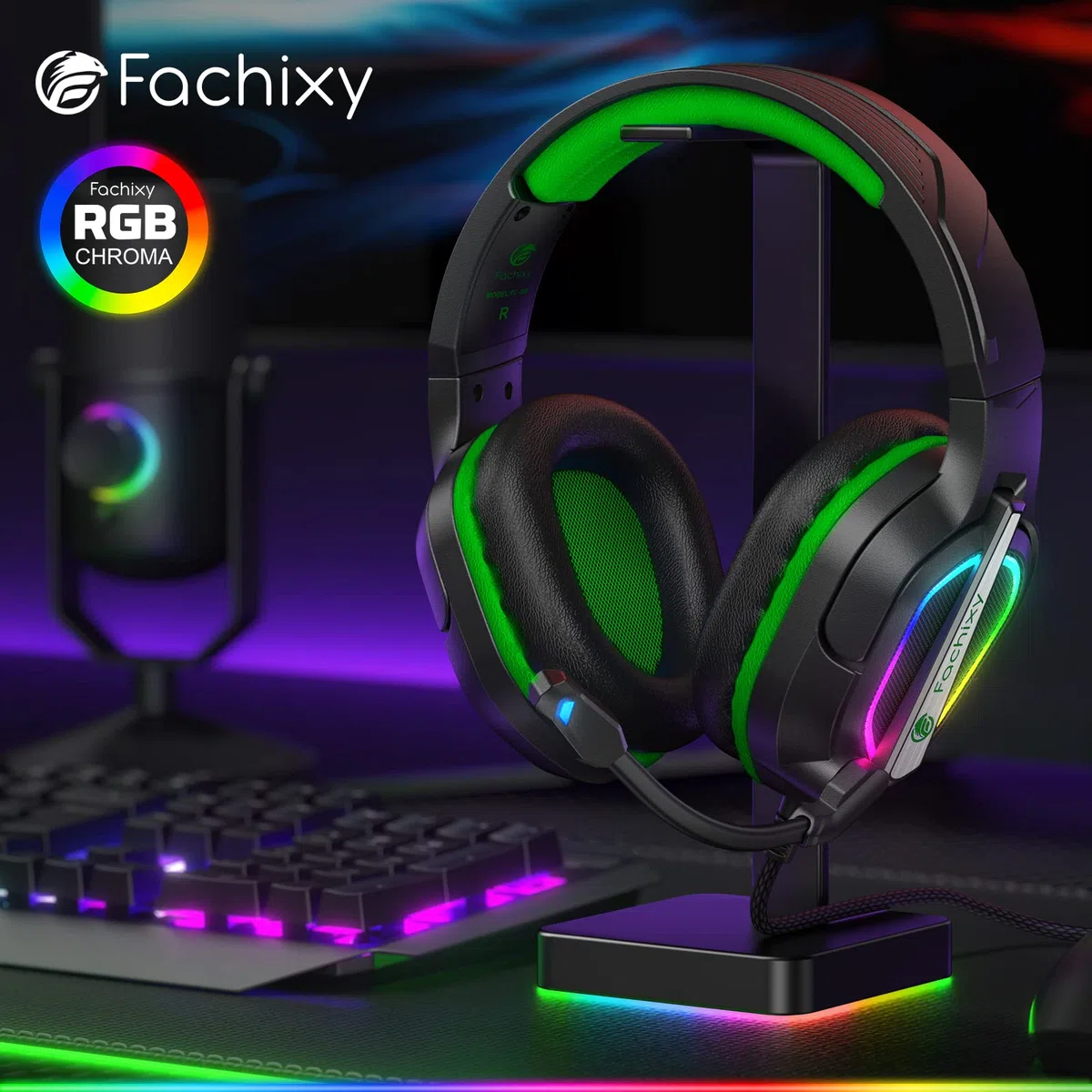 Fachixy FC-200 Cuffie da gioco pieghevoli con microfono ENC, 3,5 mm, RGB Nero Verde