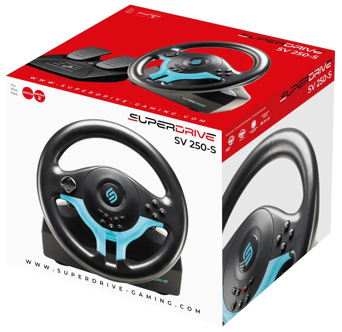 SUBSONIC - Volante Superdrive SV250-S. Volante da corsa Switch 2 / Switch. Rotazione a 180°, con pedali e palette al volante - Blue Edition