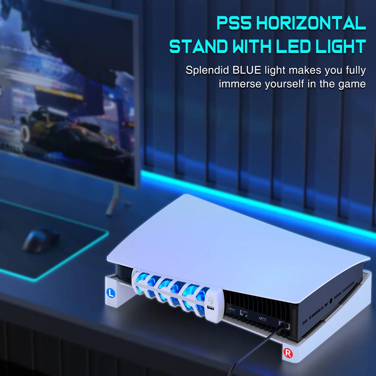ALEEMTRY Supporto PS5, Base PS5 Orizzontale con Ventola/Luce LED/3 Ventole di Raffreddamento in 1/Cuscinetti in Gomma Antiscivolo, Supporto PS5 per Disco e Console per Edizione Digitale