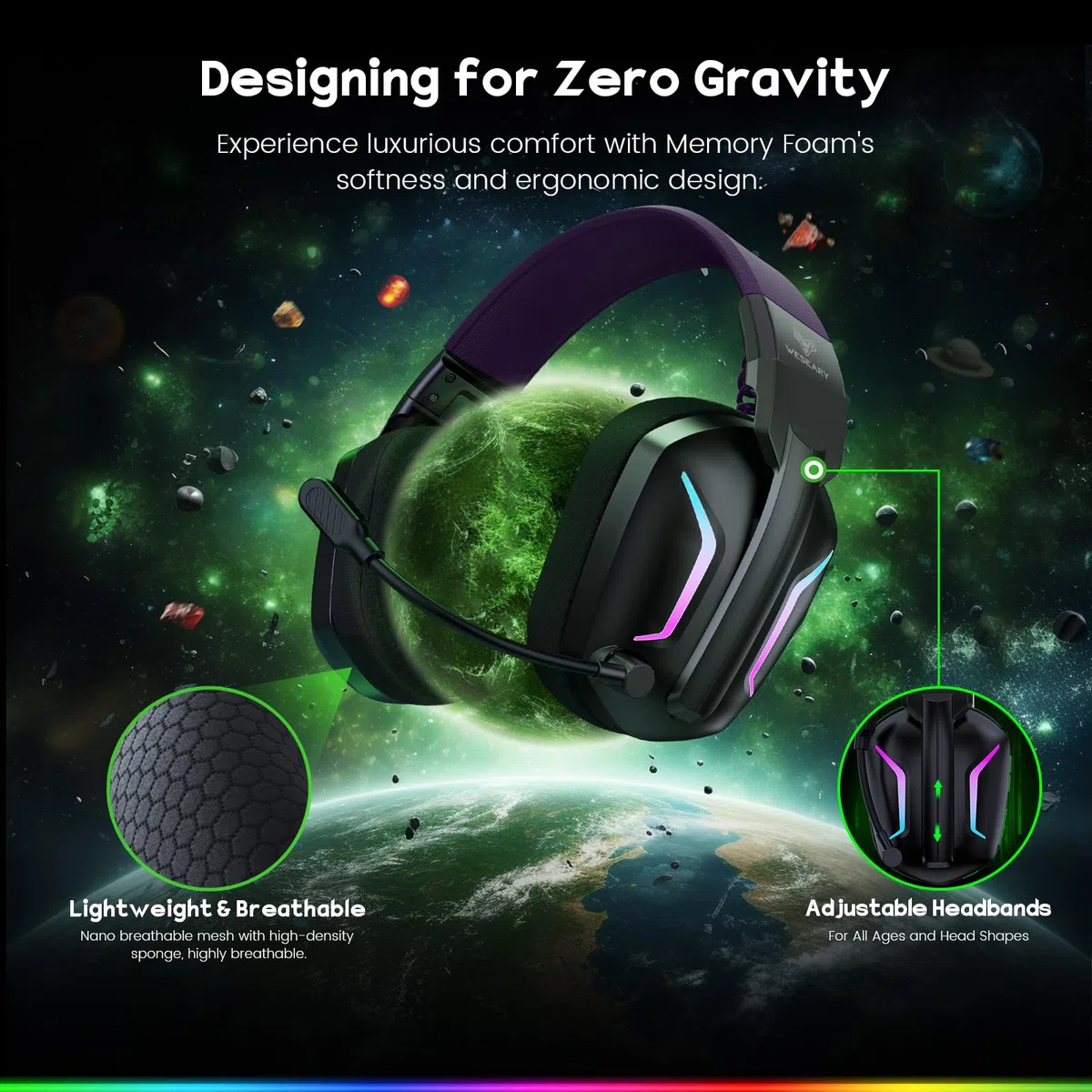 WESEARY WG1 Cuffie Gaming Wireless, 2,4 GHz Cuffie Gaming con Microfono per PS5, PS4, PC, Switch, Mac, Mobile, Cuffie per PS5 con Stereo, Cuffie Bluetooth Over Ear con Luce LED, Batteria da 50 Ore