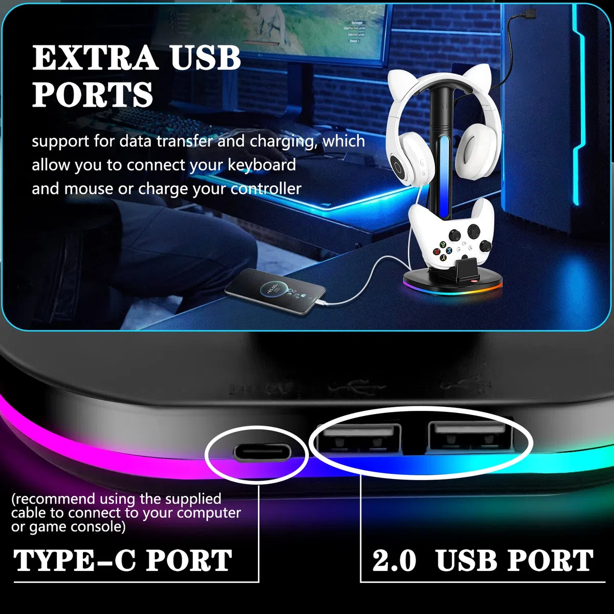 Caricabatterie per controller con supporto per cuffie RGB per Xbox Series X|S/One/One X/One S, XSX con 2 porte di ricarica USB, supporto per cuffie per stazione di ricarica Xbox, nero