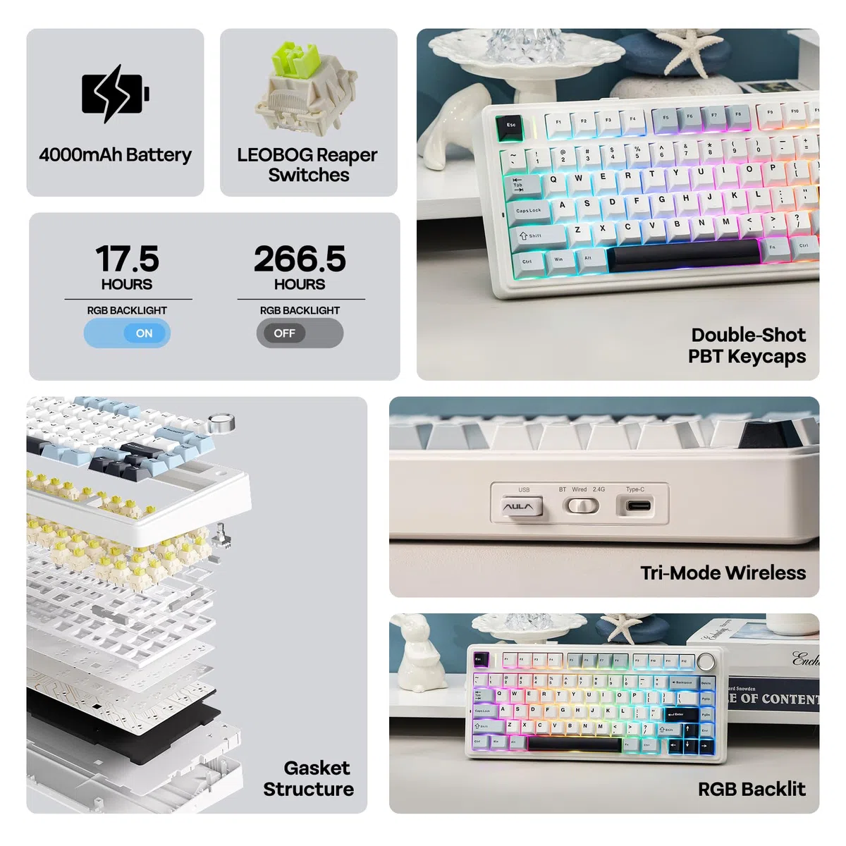 EPOMAKER Aula F75 Gasket Tastiera Meccanica 75% Wireless Bluetooth USB-C RGB NKRO LEOBOG Reaper Switch Light Blue