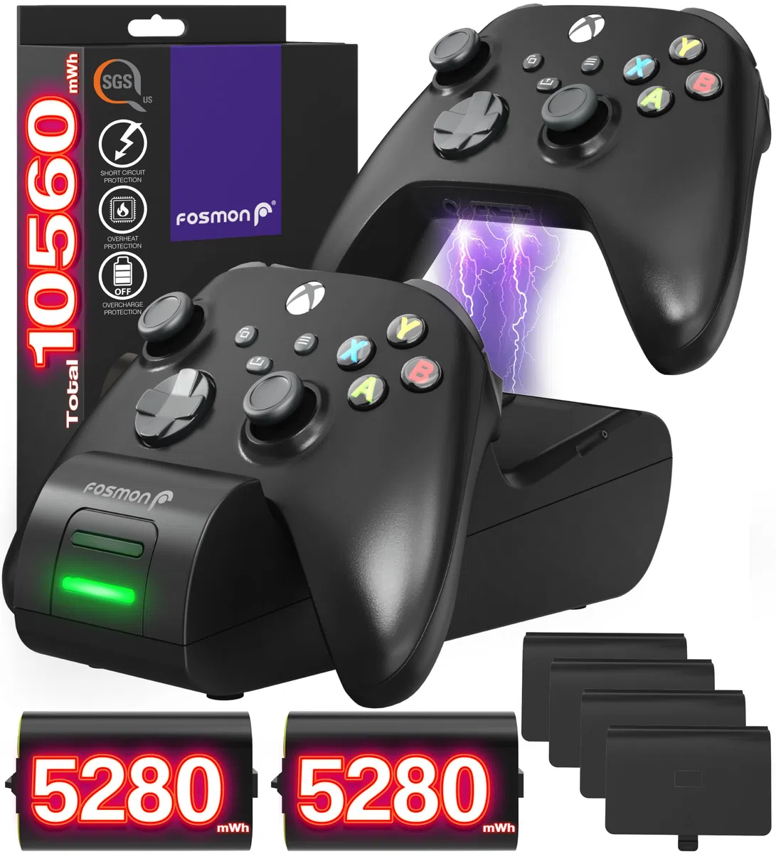 Fosmon DUAL 2 MAX Stazione di Ricarica Compatibile con Controller Xbox Series X/S (2020), Xbox One/One X/One S Elite Controllers, (Dual Slot) Caricabatteria e 2x 2200mAh Batteria Ricaricabile - Nero