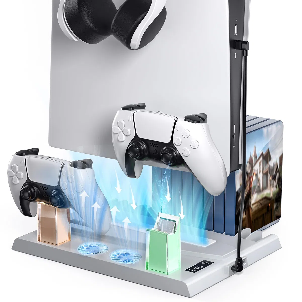 Multifunzionale Supporto Verticale USB PS5 con Ventola di Raffreddamento e Ricarica Controller, con Indicatore LED Accessori PS5 con 15 Slot di Gioco(Disco e Digitale) (Bianco)
