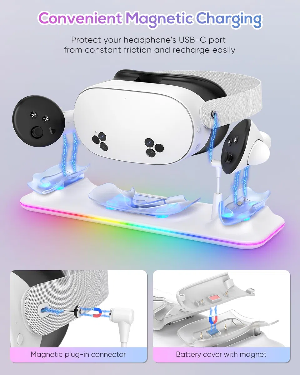 Kinwin Dock di Ricarica Magnetica per Meta Quest 3S/3, Stazione di Ricarica con Luce RGB e 2 Batterie Ricaricabili