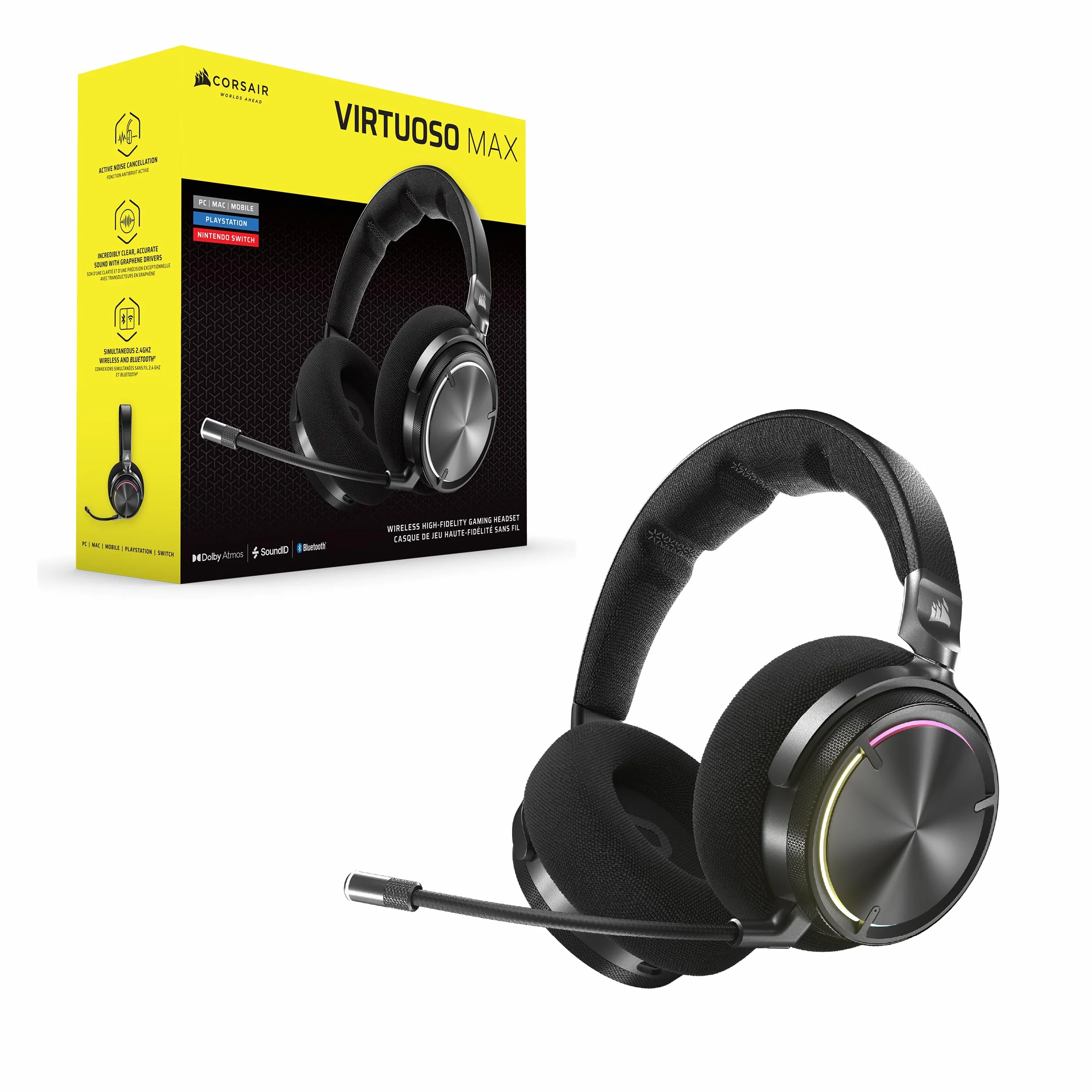 Corsair VIRTUOSO MAX WIRELESS Cuffie da Gioco Bluetooth Carbonio Dolby Atmos SoundID Cancellazione Attiva del Rumore Microfono Broadcast Grafene PC Mac PS5 PS4