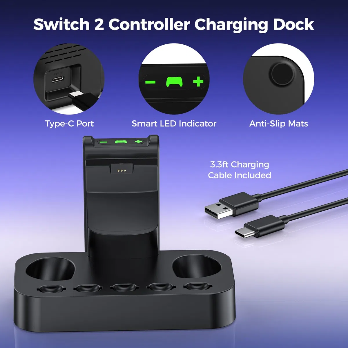 NEWDERY Stazione di ricarica controller per Nintendo Switch 2, stazione di ricarica magnetica rapida Joy con 5 giochi di stoccaggio spazio e indicatore LED, base antiscivolo