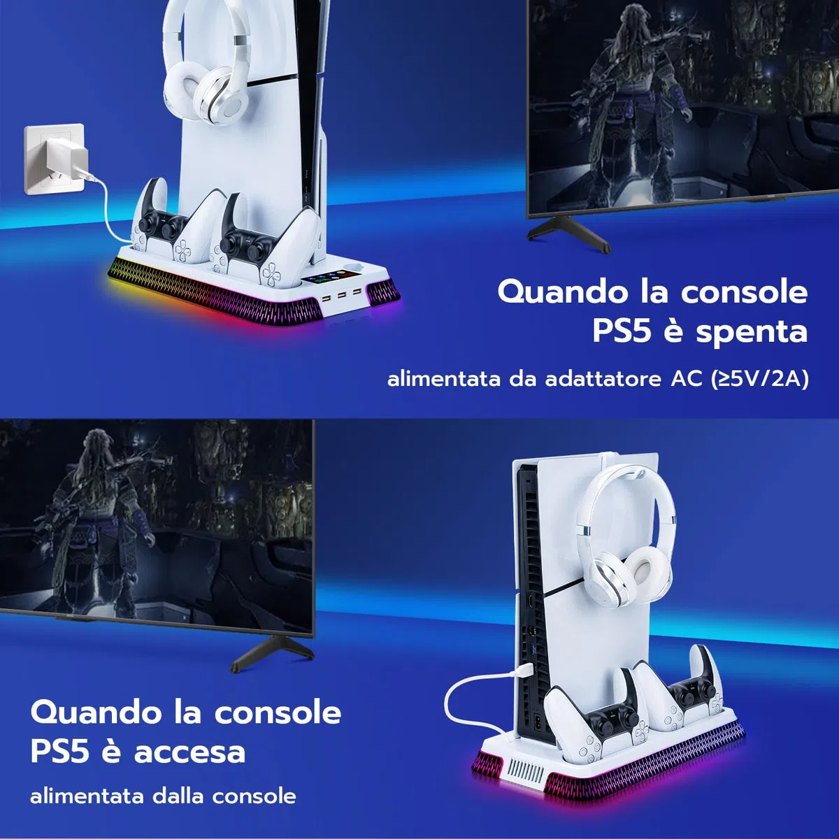 Wigearss Supporto Verticale Raffreddamento PS5/PS5 Slim/PS5 Pro con Doppio Caricatore Controller, Base di Ricarica Joystick PS5 con Ventola Raffreddamento, Illuminazione RGB per PS5/PS5 Slim/PS5 Pro