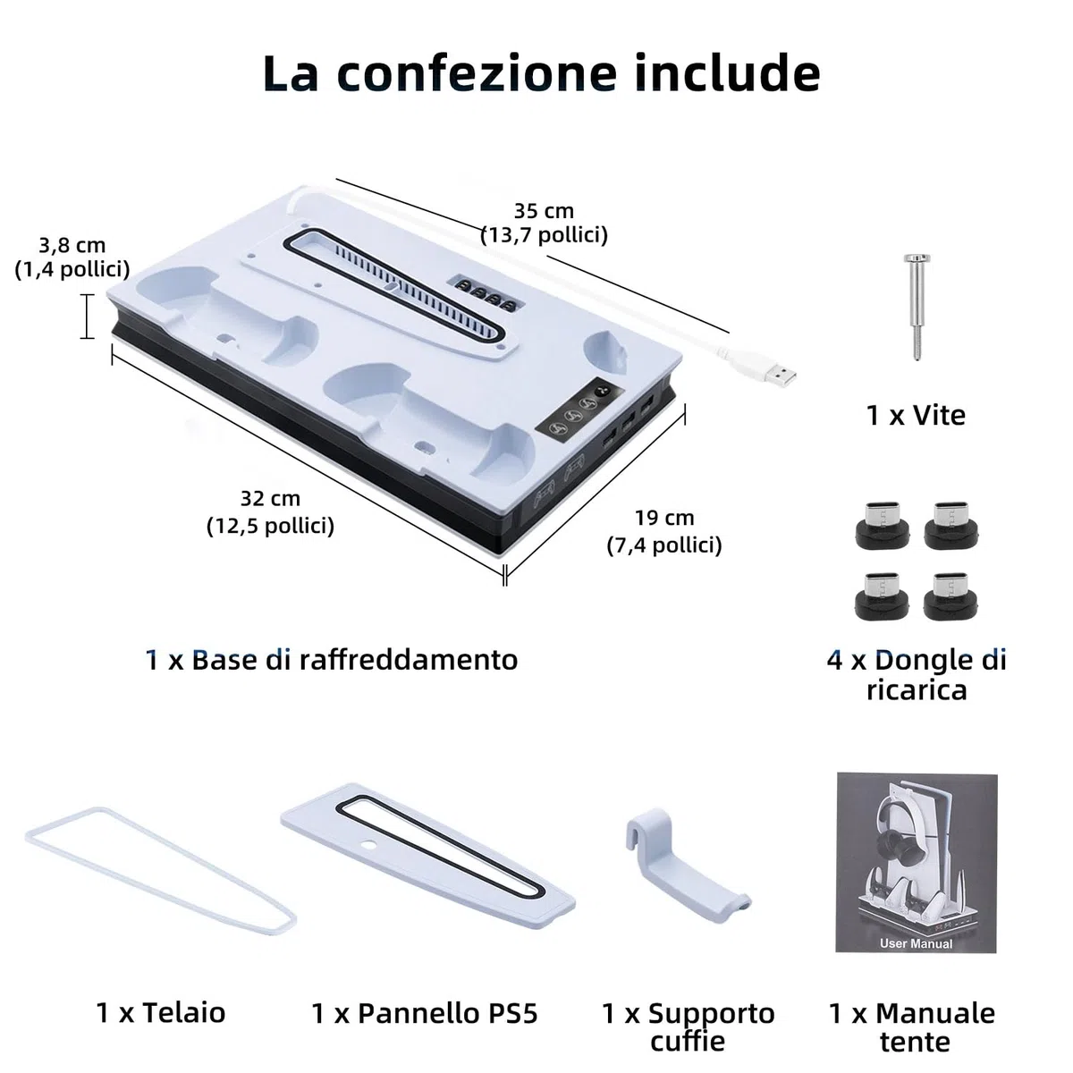 Supporto Verticale di Raffreddamento per PS5/PS5 Pro/PS5 Slim Stazione di Ricarica per Controller Doppi con 3 Livelli di Ventola/Supporto per Cuffie per PS5/PS5 Slim UHD/Digital Edition