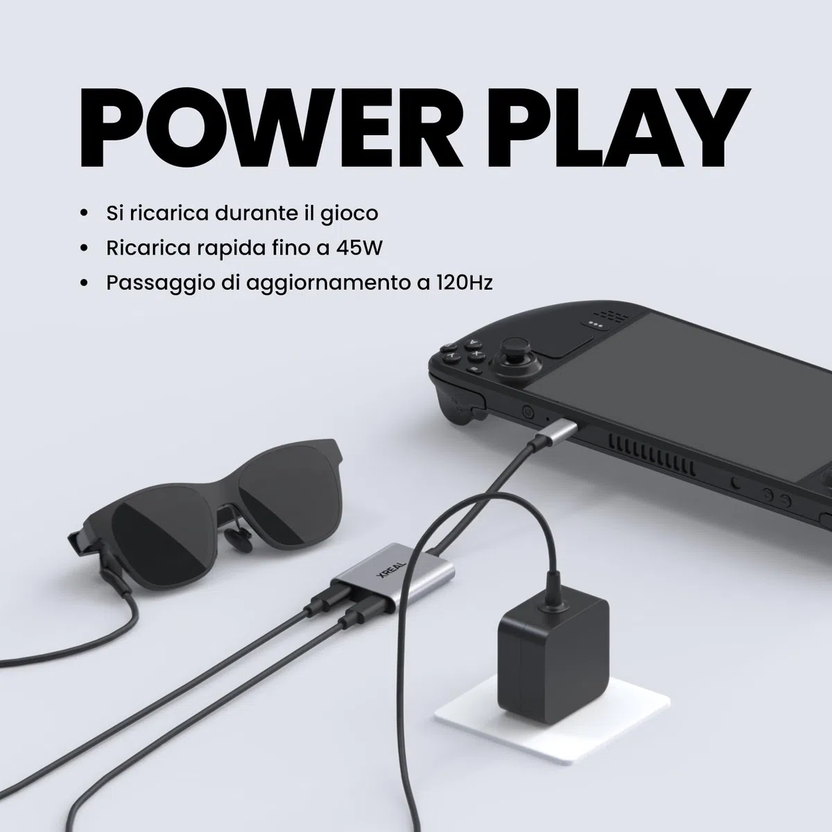 XREAL Hub, Power and Play Adattatore, Alimenta AR Occhiali mentre Ricarica il Dispositivo Sorgente, Come Steam Deck, ROG Ally, Switch, iPhone 15 o Android, Supporta 45W Ricarica Rapida e 120Hz