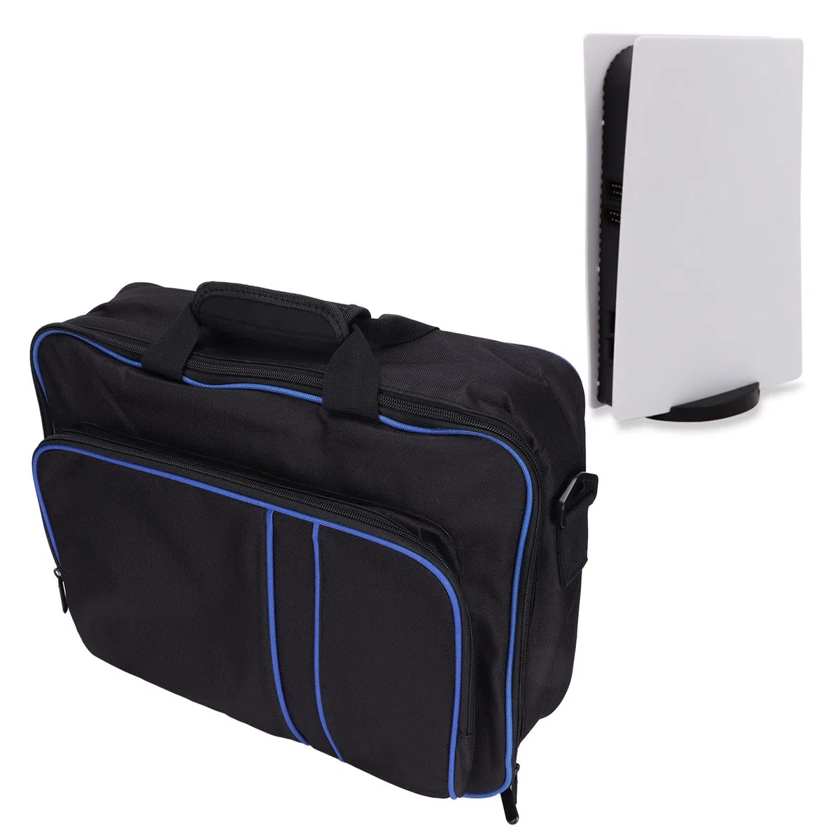 214 Borsa da Viaggio Portatile per PS5, Custodia Protettiva per Console di Grande capacità con Tracolla Regolabile e Pad Svasato per Controller di Giochi PS5(Blu Nero)