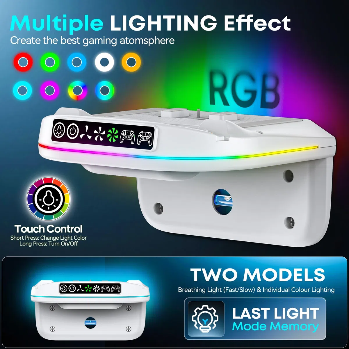 Supporto da Parete per PS5/Slim/Pro con Ventola e Caricatore per Controller, Ventola Raffreddamento PS5 con 3 Velocità e Luce RGB, Base di Ricarica PS6 Accessori con Gancio per Cuffie