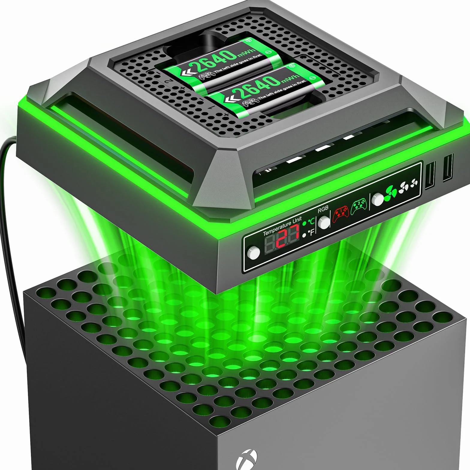 Ventola per Xbox Series X 3 Velocità, Base di Ricarica con Batterie Ricaricabili 2×2640 mWh, Raffreddamento Console con Indicatore Temperatura LED