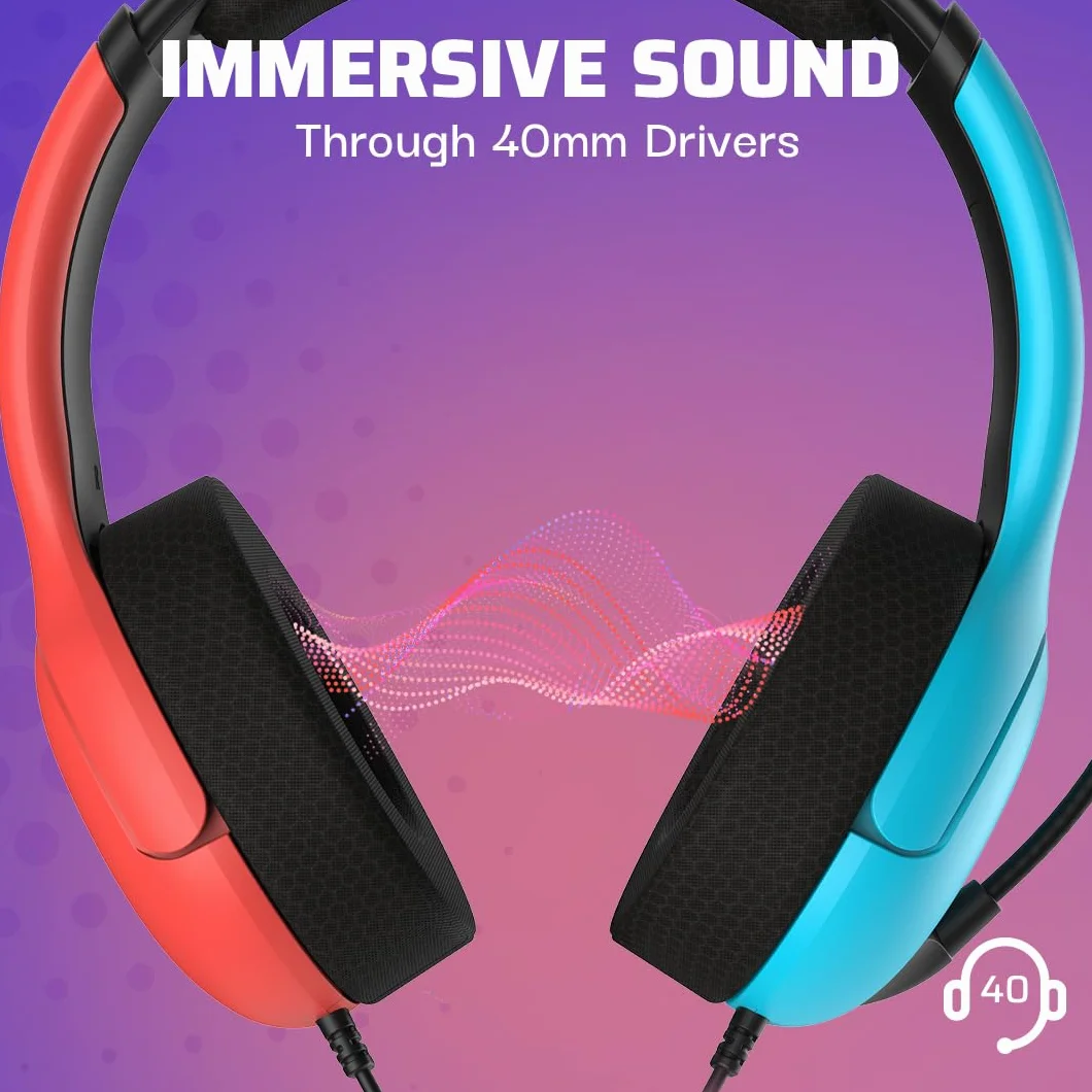 PDP Gaming LVL40 Stereo Headset for Nintendo Switch PC iPad Mac Laptop - Noise Cancelling Microphone Lightweight On Ear Headphones Blue Red