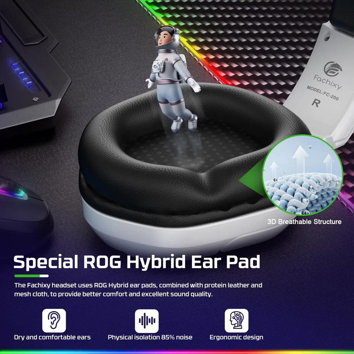 Fachixy FC-200 Cuffie da gioco pieghevoli con microfono ENC 3,5 mm RGB Bianco per PS5 PS4 PC Xbox Nintendo Switch