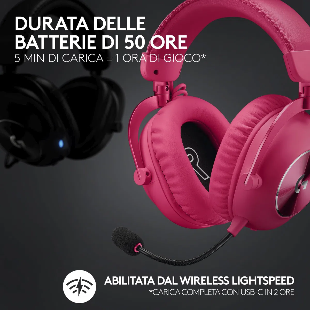 Logitech G PRO X 2 LIGHTSPEED Cuffie gaming wireless, Microfono a braccio rimovibile, Driver Grafene 50mm,DTS:Headphone X 2.0-Surround 7.1, Bluetooth/USB/3,5mm Aux, PC,PS5,PS4, Nintendo Switch,Magenta
