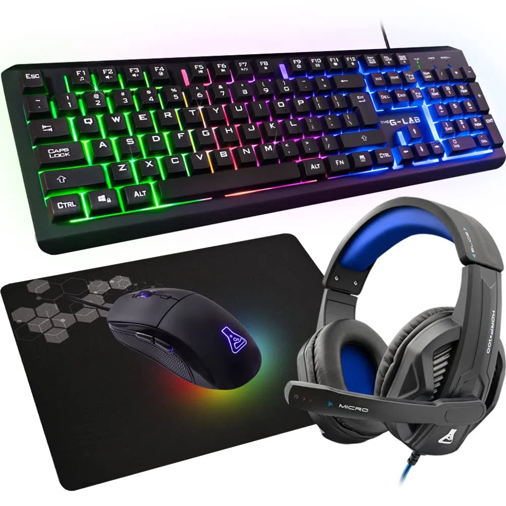 The G-Lab Combo Selenium - Set da gioco 4 in 1, tastiera Gamer AZERTY retroilluminata, mouse Gamer 3200 DPI, microfono cuffie da gioco, tappetino per mouse, confezione da gamer PC PS4/PS5 Xbox