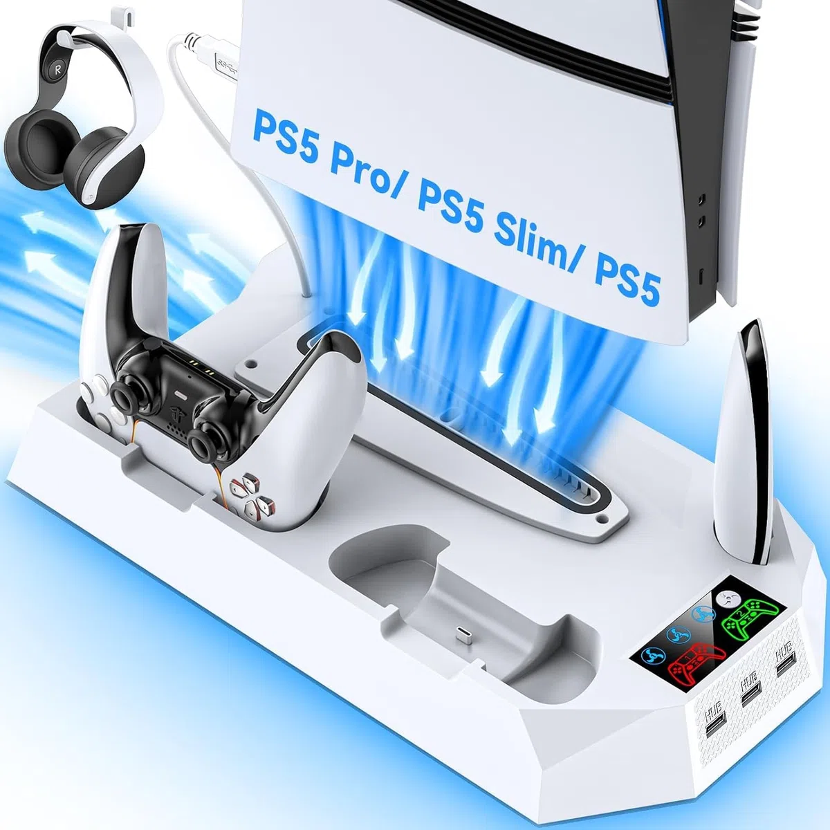 Tokluck Supporto per PS5/Slim/Pro con Raffreddamento, Caricatore per PS5 Controller, Ventola per PS5 a 3 velocità con Supporto per Cuffie e 3 USB HUB