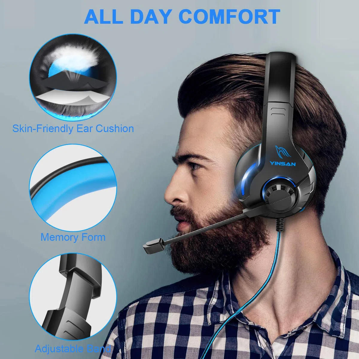 YINSAN Cuffie Gaming con Microfono per PS5 PS4 PC Xbox One Nintendo Switch Xbox, Cuffie da Gioco Cablate Over Ear con Cancellazione del Rumore, Stereo Bass Deep, LED Luce, Leggero, Blu