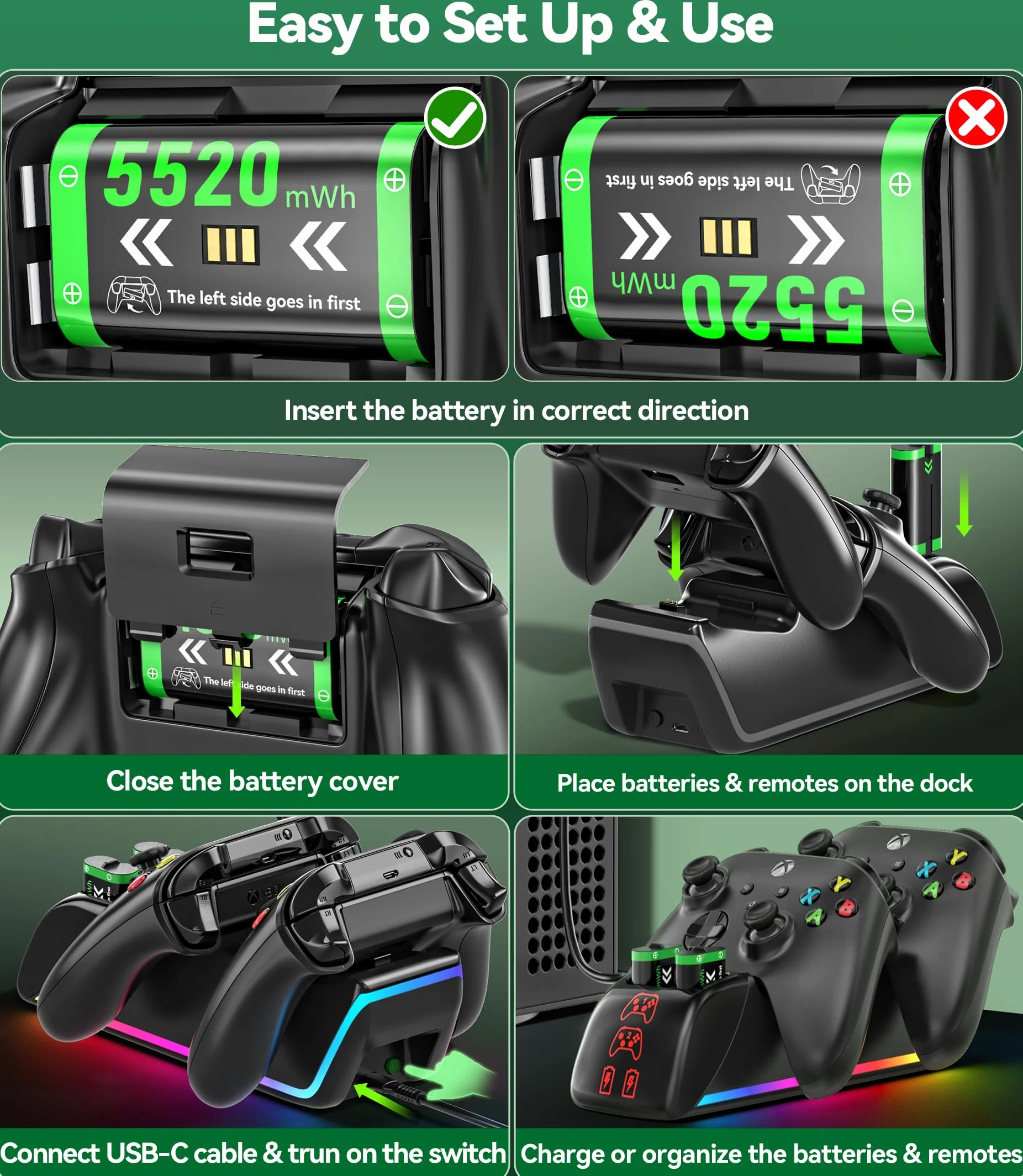Stazione di Ricarica per Controller Xbox con 4x5520mWh Batterie per Series/One X|S, Caricatore RGB