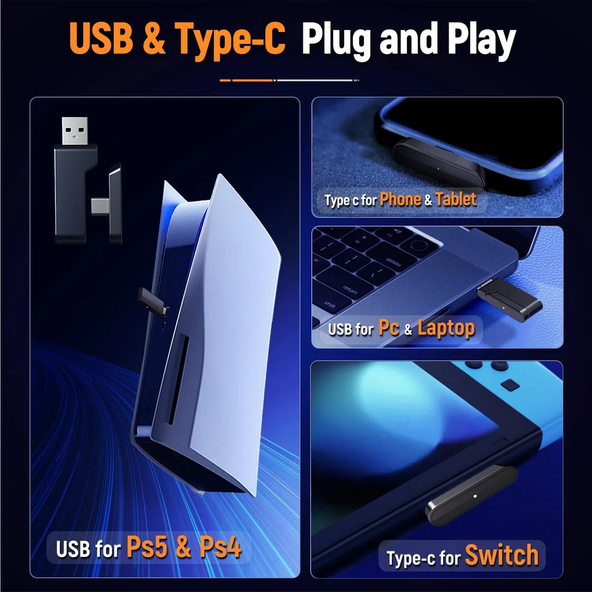 Ozeino Cuffie da gioco wireless con microfono 2,4 G Tipo C RGB per PS5 PS4 PC