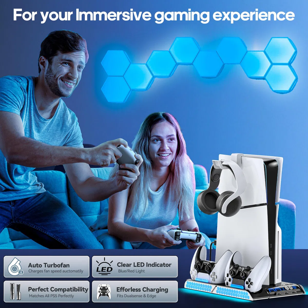 KDD Supporto PS5/PS5 Slim Con Ventola di Raffreddamento Autoregolante, Base PS5 Slim è di Ricarica Dualsense PS5, Base Verticale PS5 per PS5 Slim/PS5 Digital Edition e Disc Edition