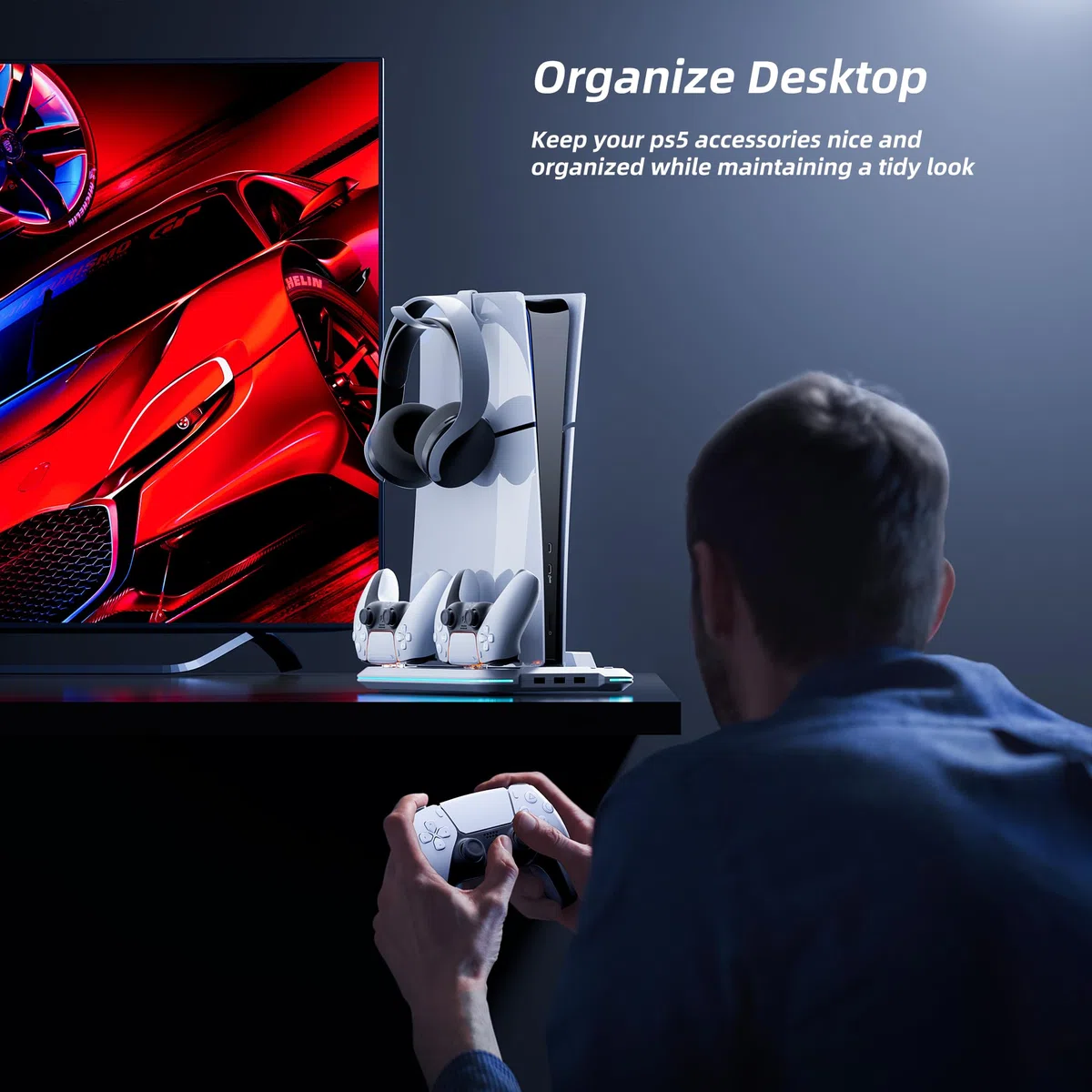 Mytrix Stazione di raffreddamento per la nuova console PS5 Slim 2023 (edizioni disco e digitale), supporto PS5 Slim con ventola a 3 velocità, stazione di ricarica con caricatore controller, 14 luci