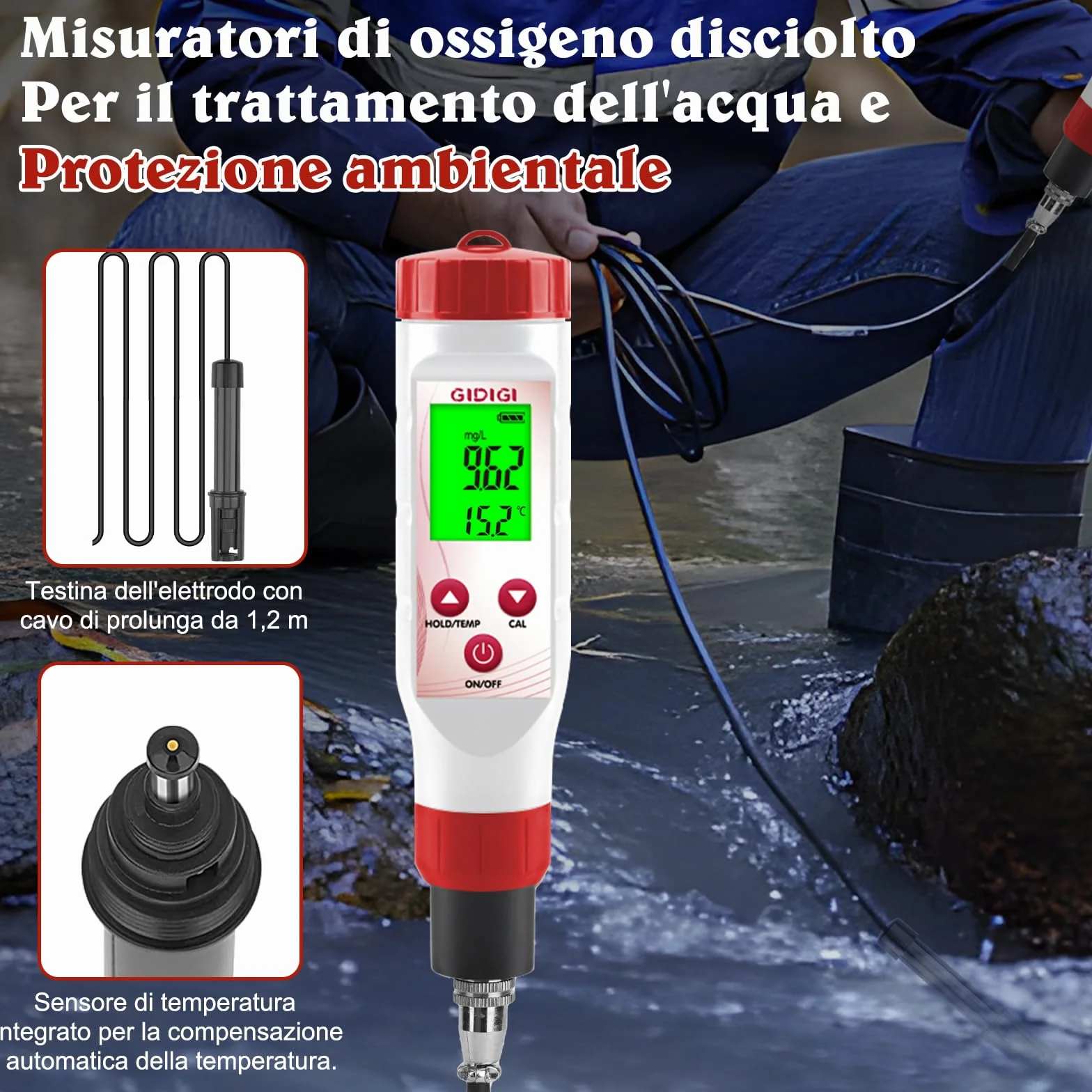 Misuratore di ossigeno disciolto per acqua, tester di ossigeno per laghetti, tester DO per acquari con acque reflue di laghetti, con più membrane, acqua priva di ossigeno, elettrolita, 0,0-40,0 mg/L
