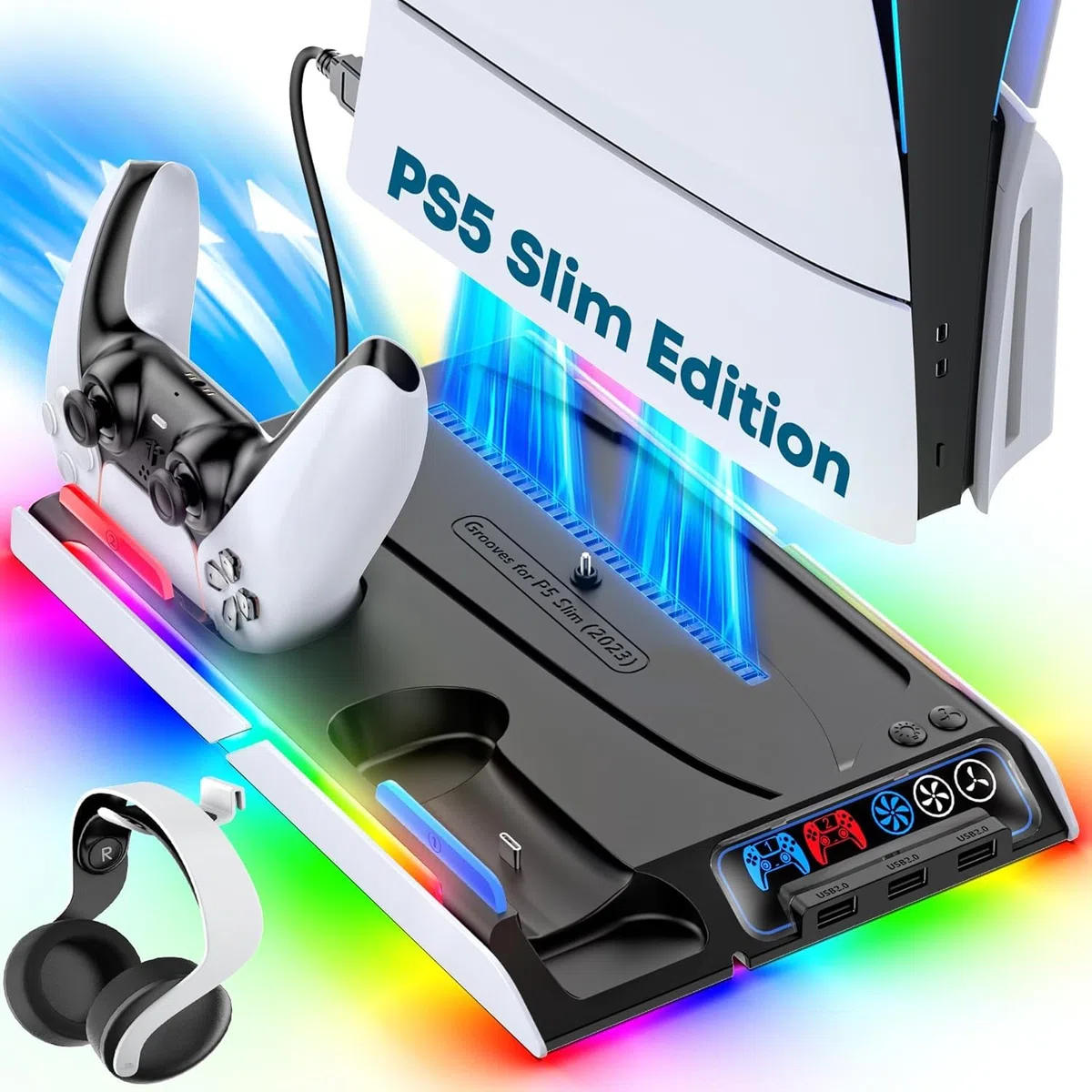 Supporto PS5 Slim con Ventola di Raffreddamento, Staffa per PS5, Base Ricarica Controller PS5, PS5 Accessori per PS5 Slim/P5 Digital Edition e Disc Edition