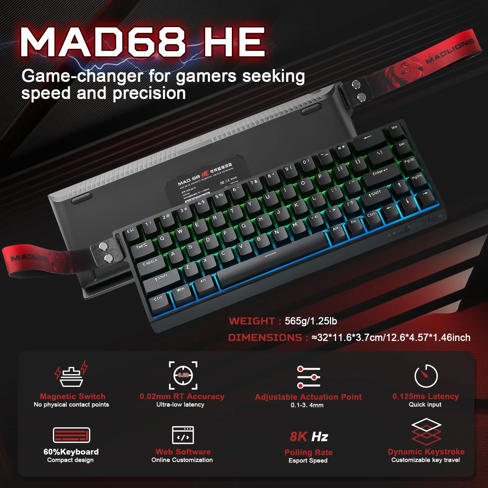 MAD68 HE Tastiera da Gioco Magnetica 60% 8000Hz Rapid Trigger Switch a Effetto Hall RGB Regolabile Nero