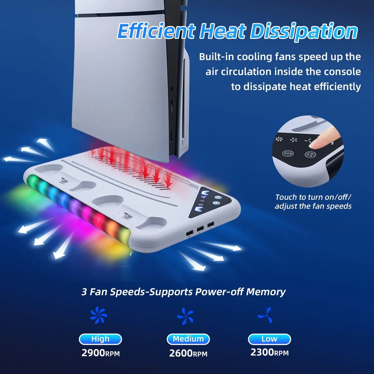 Supporto con ventola per console PS5 Slim/PS5, stazione di ricarica per DualSense/Edge Controller con 9 luci RGB, supporto per cuffie e 3 hub USB per PS5 UHD e Digital-Bianco