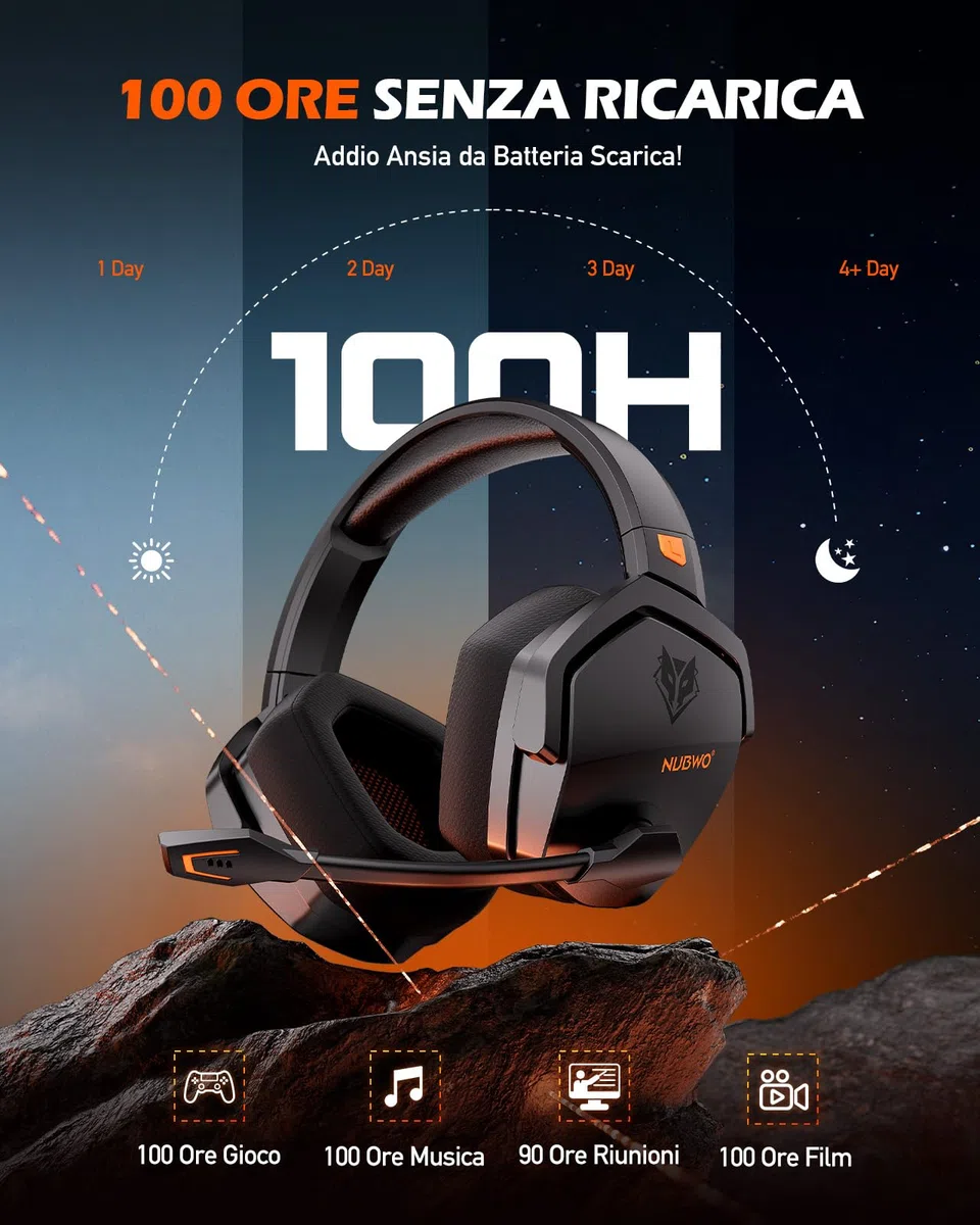 NUBWO G06 Cuffie Gaming Wireless 2.4GHz Bluetooth 5.3 Microfono 7.1 100+ Ore Arancio