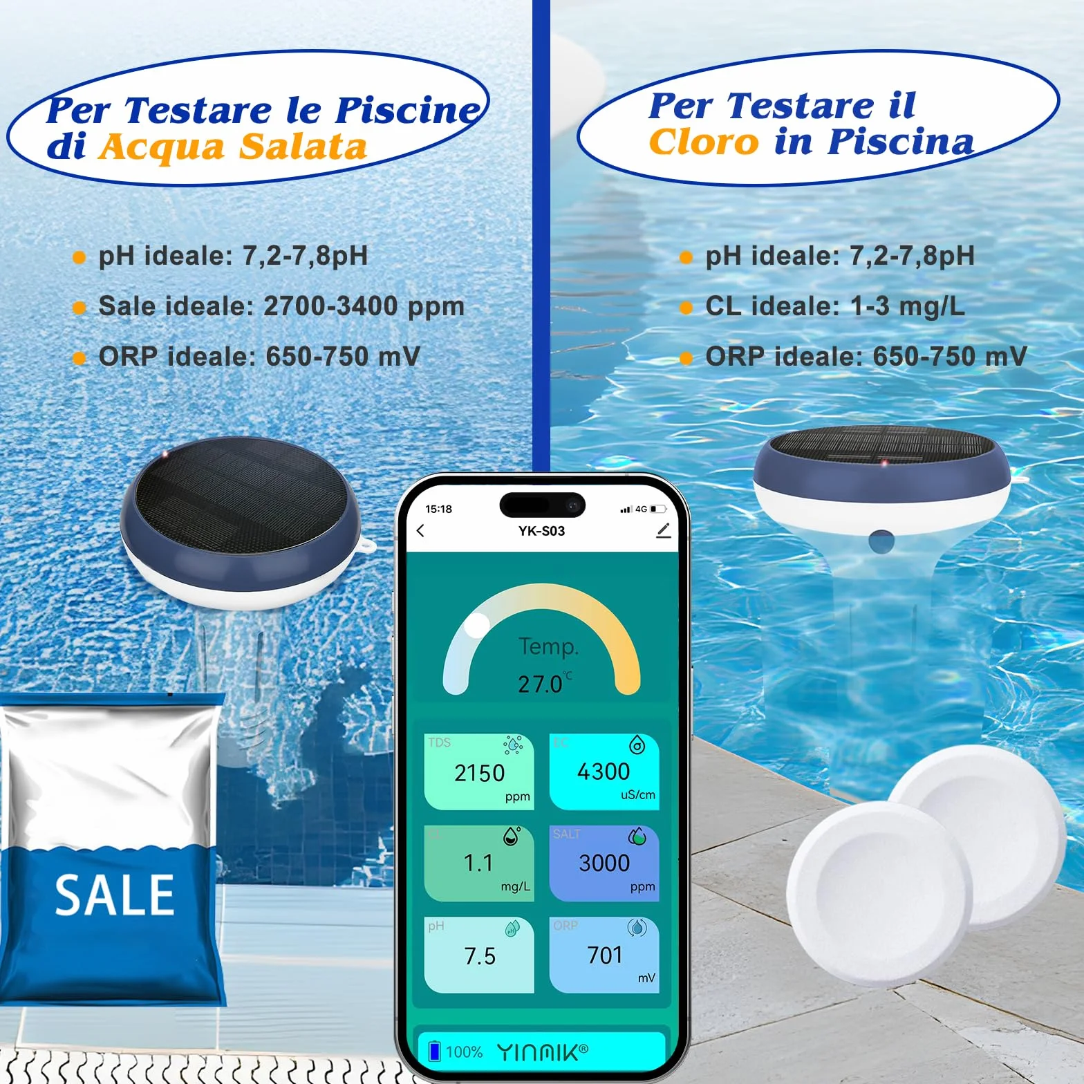 UIUZMAR Misuratore di Cloro e pH Piscina WiFi, Analizzatore Intelligente 7 in 1 per Acqua Salata e Piscina, Misura pH, Cloro Residuo, Sale, ORP, EC, TDS, Temperatura, con Ricarica Solare