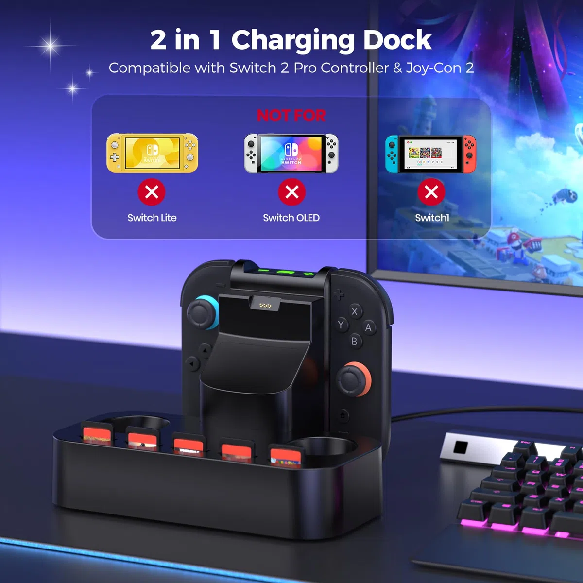 NEWDERY Stazione di ricarica controller per Nintendo Switch 2, stazione di ricarica magnetica rapida Joy con 5 giochi di stoccaggio spazio e indicatore LED, base antiscivolo