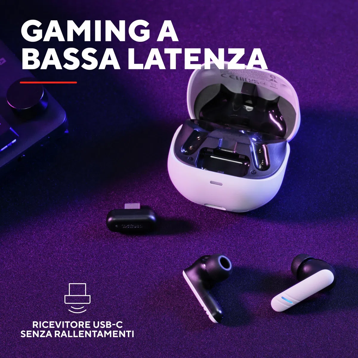 GXTrust 409 Oxxie In Ear Cuffie Bluetooth Gaming PS5 Switch PC Mobile, Auricolari Bluetooth o Ricevitore USB-C 2,4 Ghz Bassa Latenza, 4 microfoni ENC, 25 Ore di Autonomia, Earphones Wireless, Bianco
