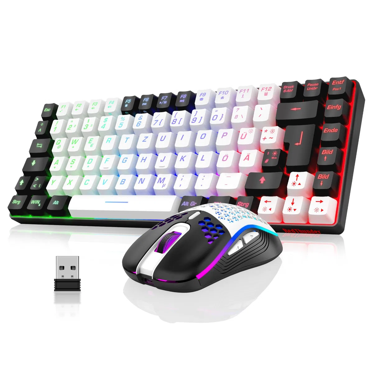 RedThunder 75% Wireless Gaming Tastiera e Mouse Set, DE TKL Layout, 85 tasti, Ricaricabile Compatto, Mouse Ultraleggero 7200DPI con Costruzione Honeycomb per PC Mac PS5 Xbox Gamer (Bianco-Nero)