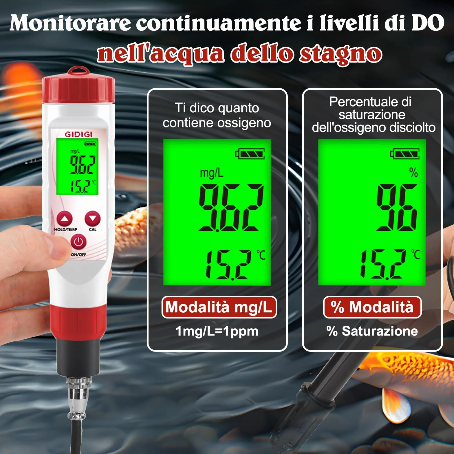 Misuratore di ossigeno disciolto per acqua, tester di ossigeno per laghetti, tester DO per acquari con acque reflue di laghetti, con più membrane, acqua priva di ossigeno, elettrolita, 0,0-40,0 mg/L