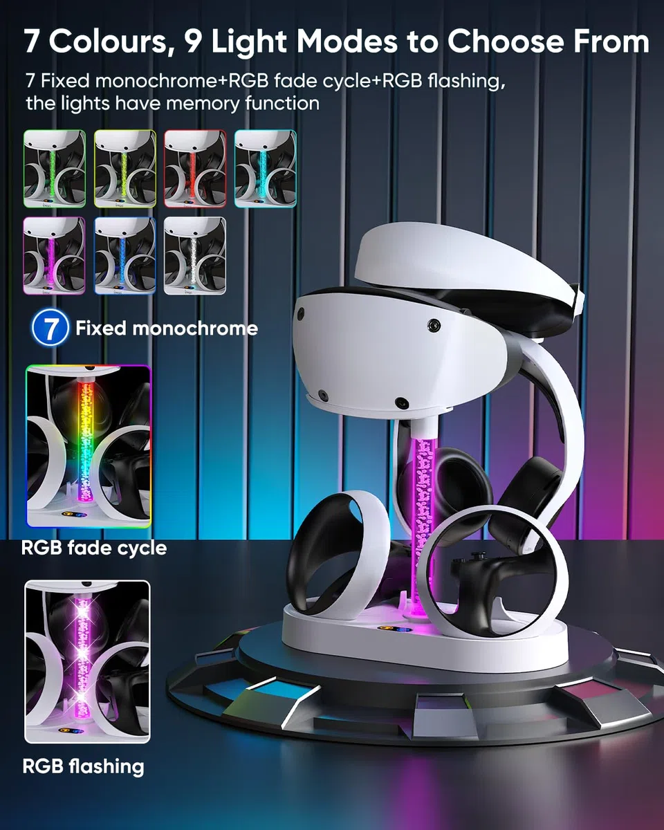 FASTSNAIL Stazione di ricarica per PSVR2, supporto LED per cuffie PS5 VR e controller Sense con 10 luci RGB, accessori compatibili con Playstation VR2