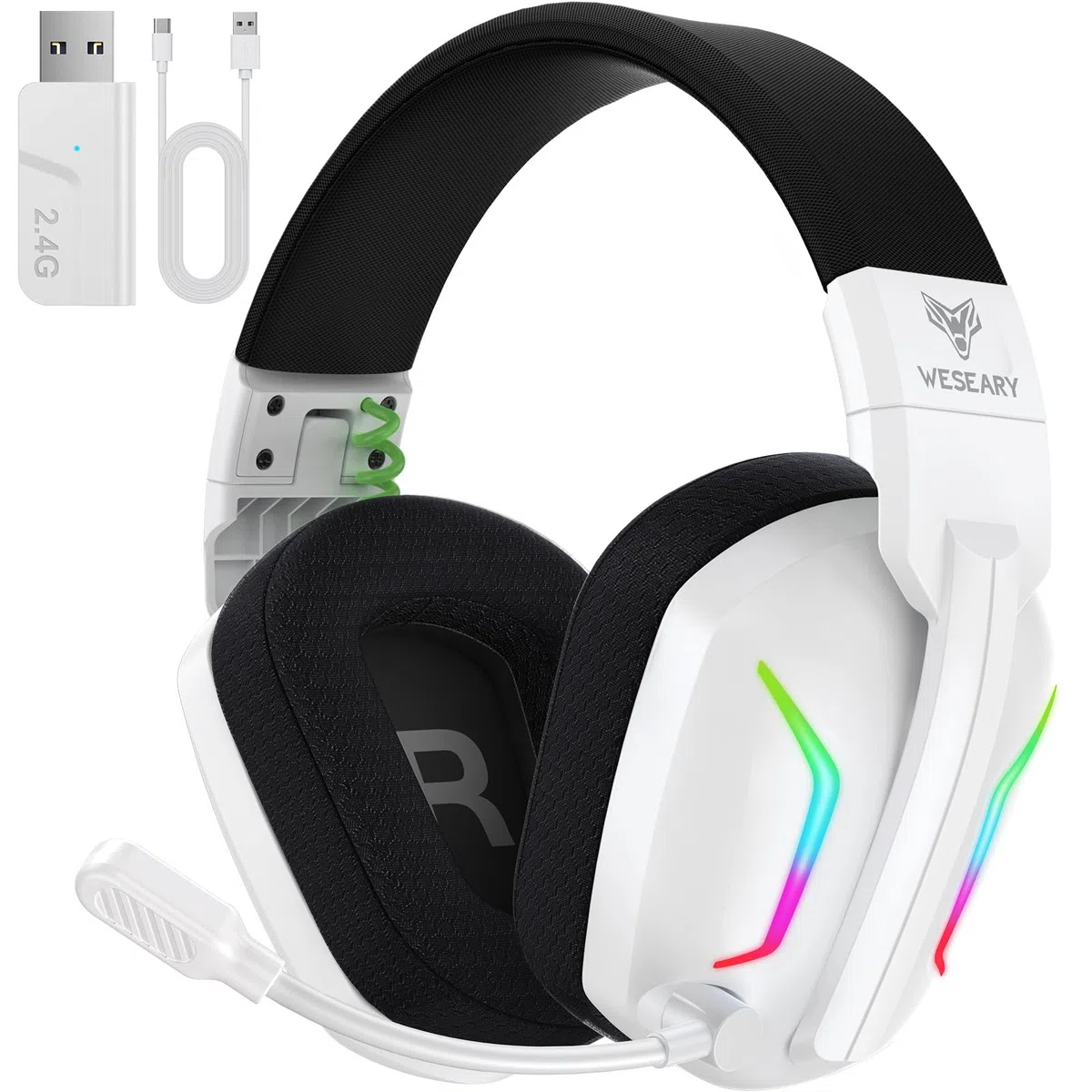 WESEARY WG1 Cuffie Gaming Wireless, 2,4 GHz Cuffie Gaming con Microfono per PS5, PS4, PC, Switch, Mac, Mobile, Cuffie per PS5 con Stereo, Cuffie Bluetooth Over Ear con Luce LED, Batteria da 50 Ore