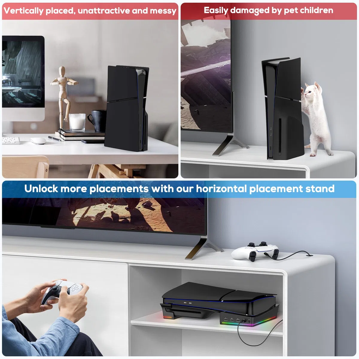 FYOUNG Supporto orizzontale aggiornato per PS5 Slim Digital & Disc Edition con 14 luci RGB, base antiscivolo accessori con 4 porte USB - Solo per Playstation 5 Slim 2023 (nero), P5S2B