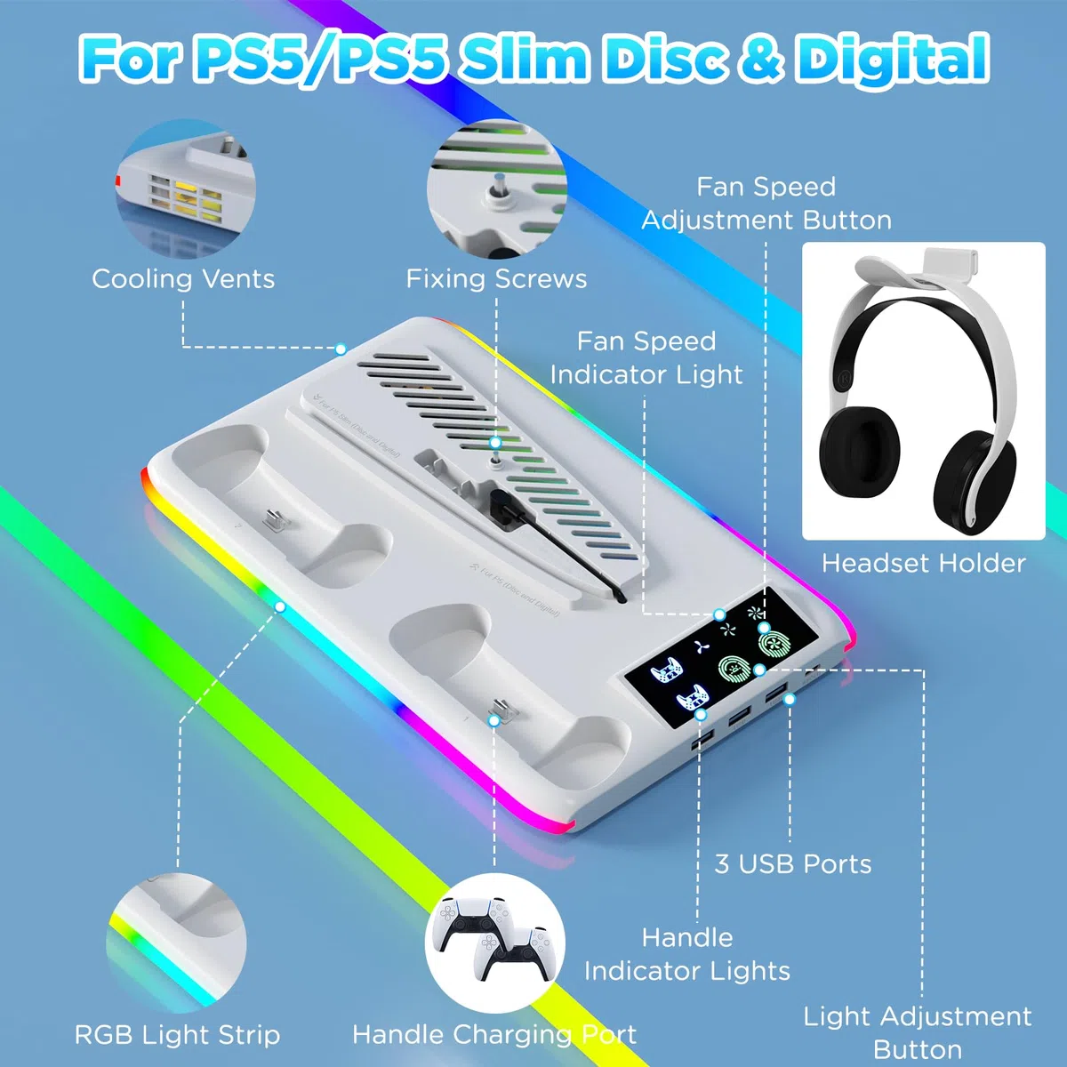 PS5/PS5 Slim Verticale Supporto di Raffreddamento, Stazione di raffreddamento per PS5/PS5 Slim con 3 Velocità, Ganci per Cuffie Stazione di Ricarica Doppio Controller, per Disc/Digital Edition