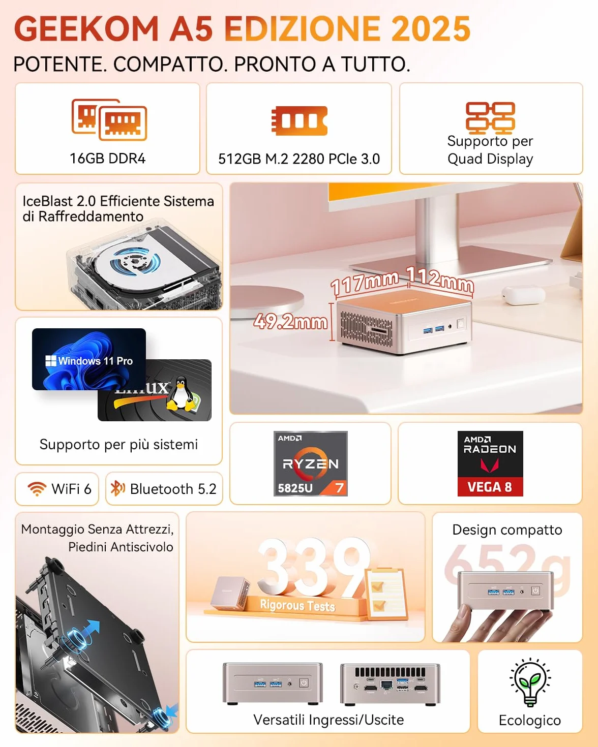GEEKOM A5 Mini PC AMD Ryzen 5 7430U 16GB RAM 512GB SSD Windows 11 USB4.0 LAN 2.5G