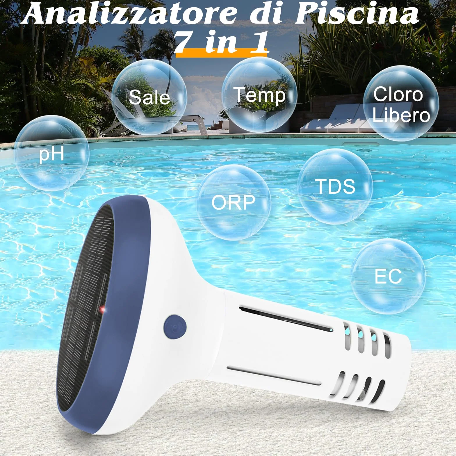 UIUZMAR Misuratore di Cloro e pH Piscina WiFi, Analizzatore Intelligente 7 in 1 per Acqua Salata e Piscina, Misura pH, Cloro Residuo, Sale, ORP, EC, TDS, Temperatura, con Ricarica Solare