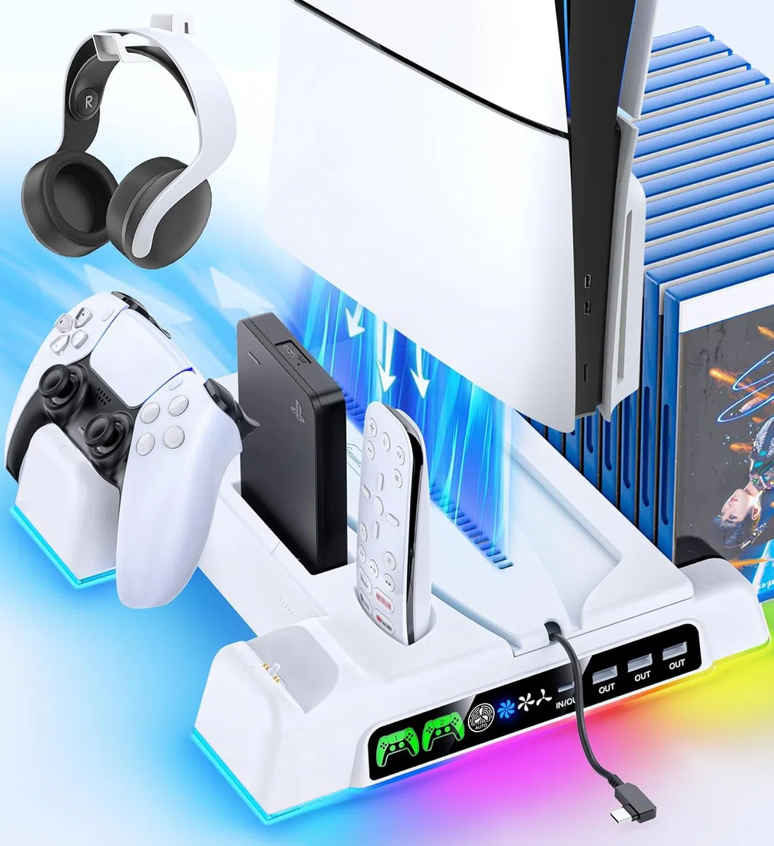 Kytok Supporto per PS5/Slim/Pro con Raffreddamento PS5, Ventola P5 con Indicatore LED & Caricatore Playstation 5, Accessori PS5 con Ventola di Raffreddamento a 3 Livelli